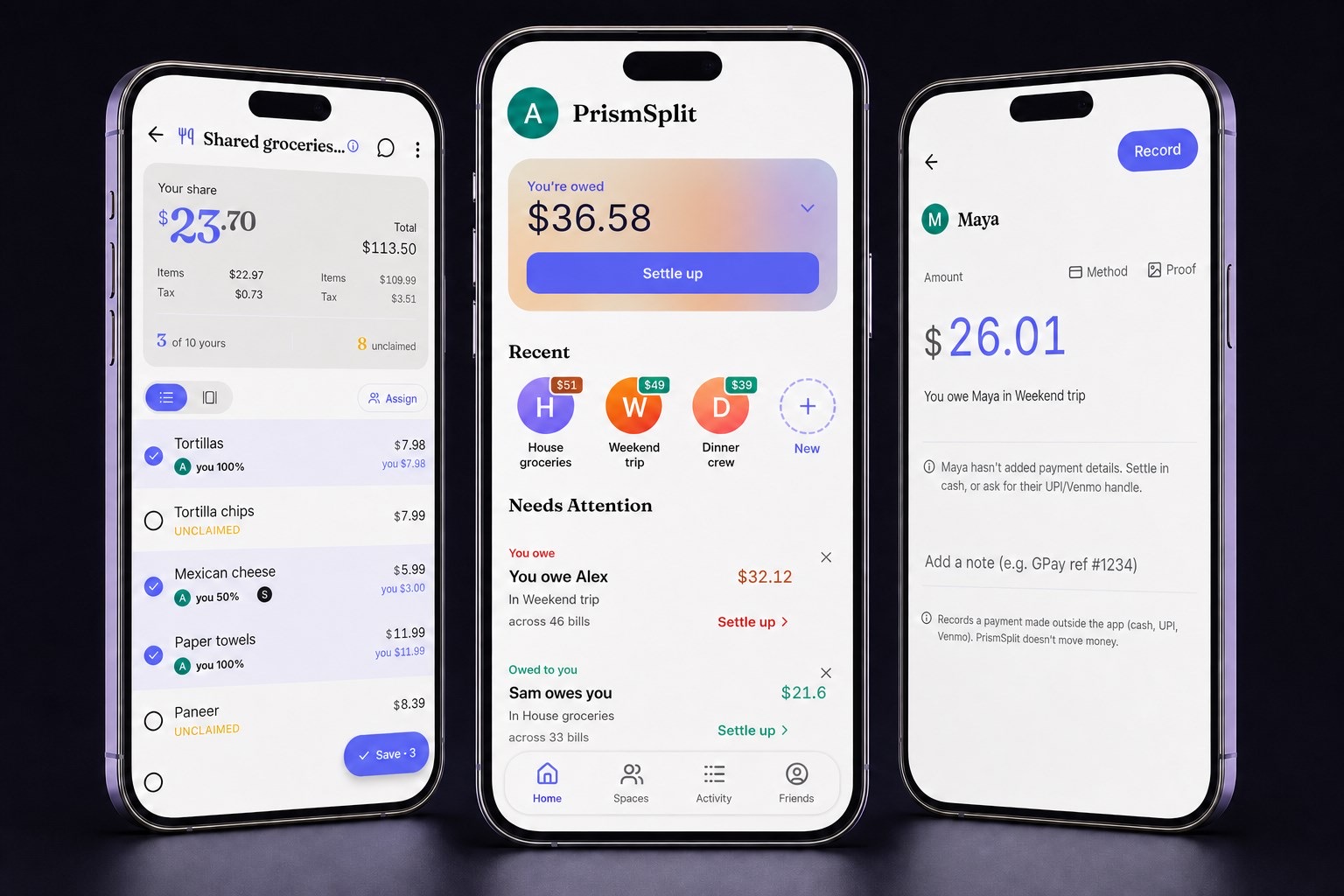 PrismSplit app screens
